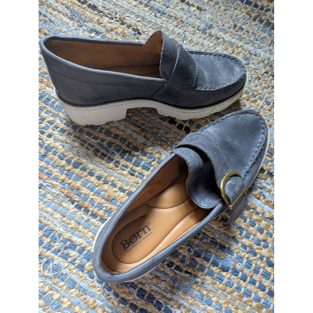 Born Contesta Slate Blue Leather Lug Sole Loafers 9 Chunky Buckle Comfort Shoes - Picture 2 of 12